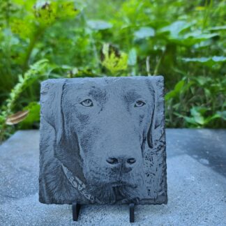 Custom engraved mini pet memorial on 2x2 slate with photo and stand