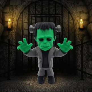 3D printed Frankenstein figure standing upright with arms slightly forward, featuring bold bolts, stitched details, and a flat head.
